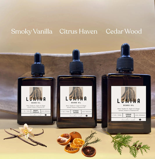 three square amber bottles beard oil