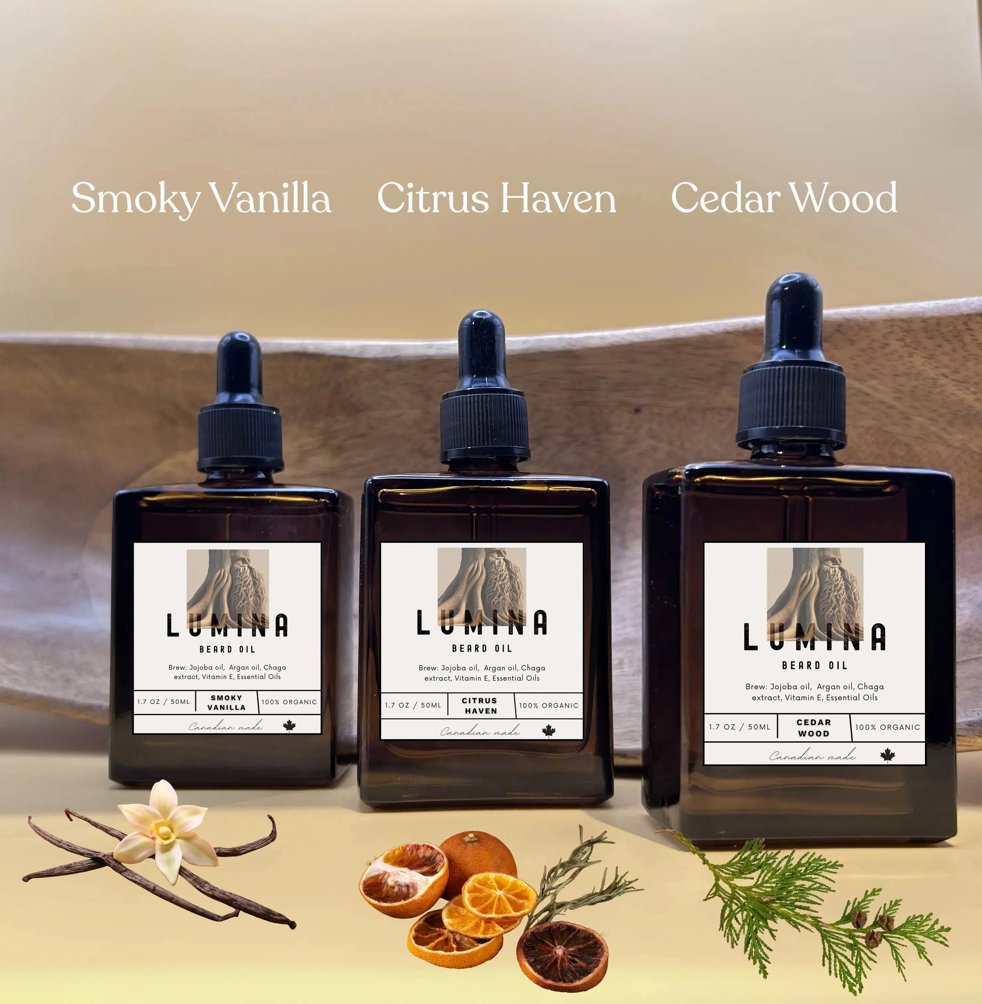 three square amber bottles beard oil